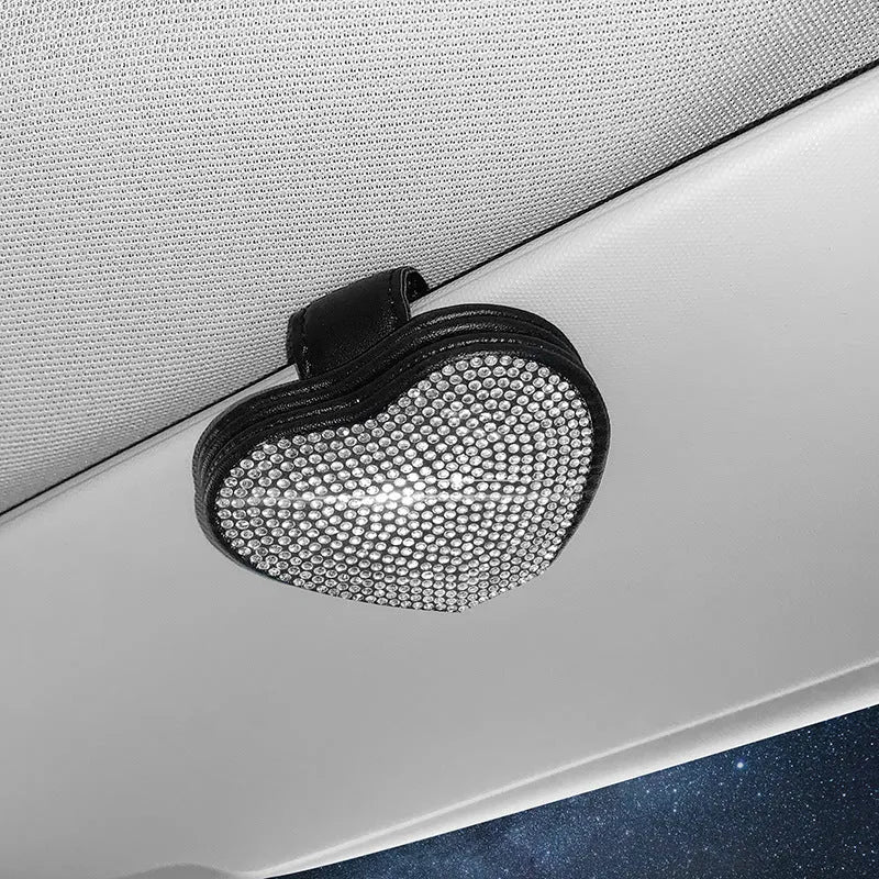 Car sun visor glasses clip made of PU leather with diamond encrusted design in various colours holding sunglasses