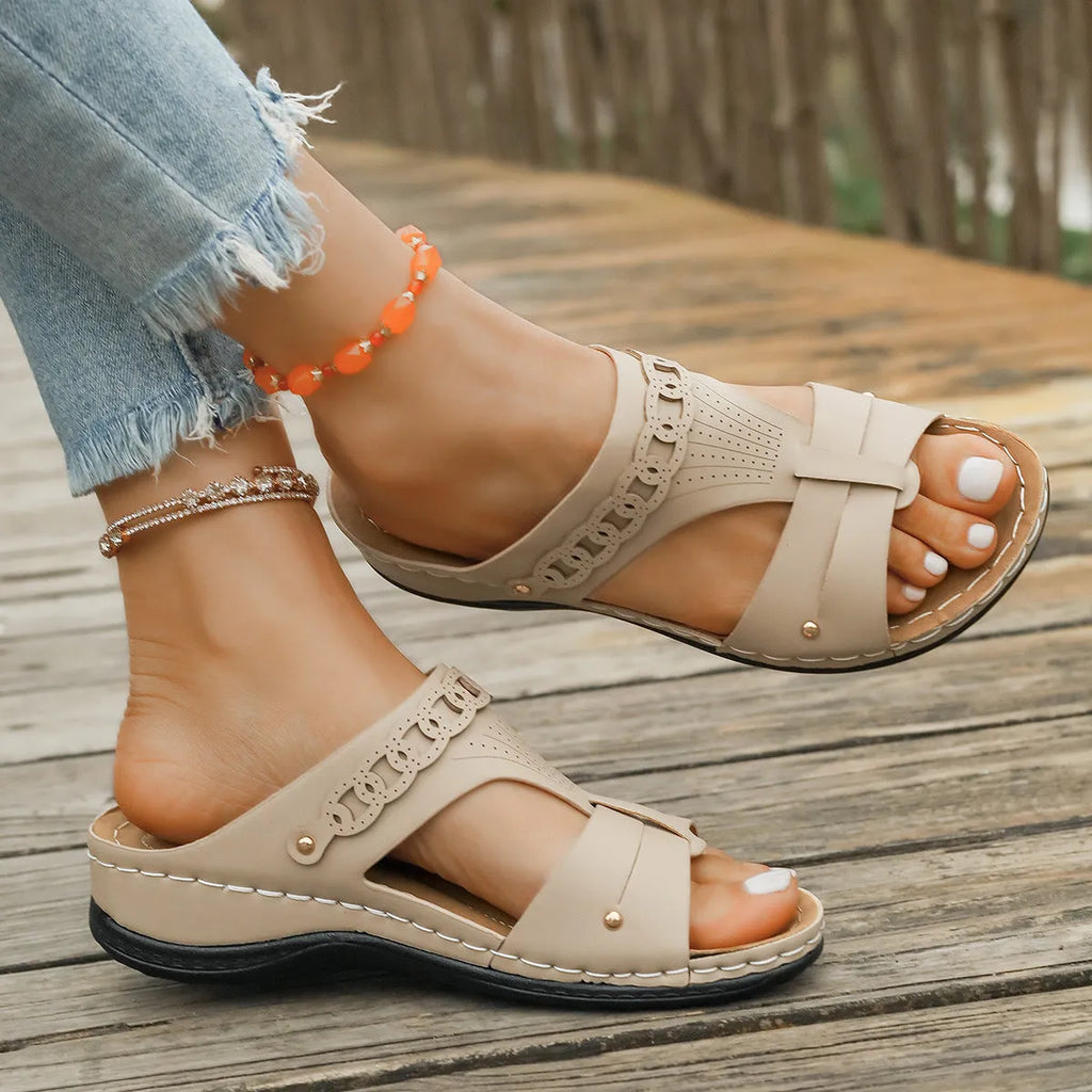 Roman style slope heel slippers with fish mouth toe design in multiple colour options