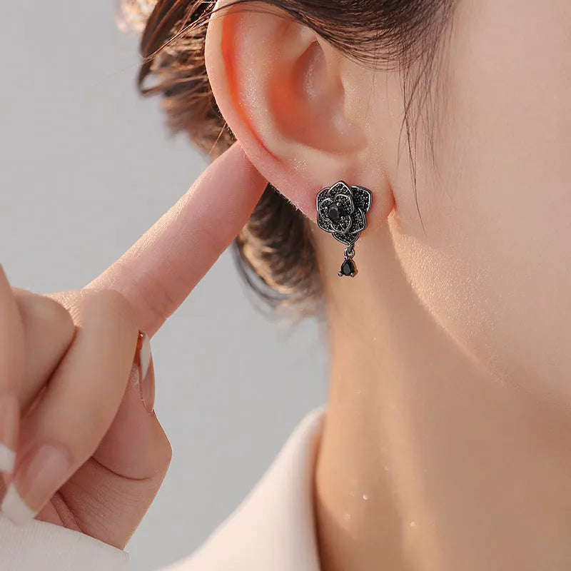 Black rose zircon stud earrings with flower shaped design on copper base