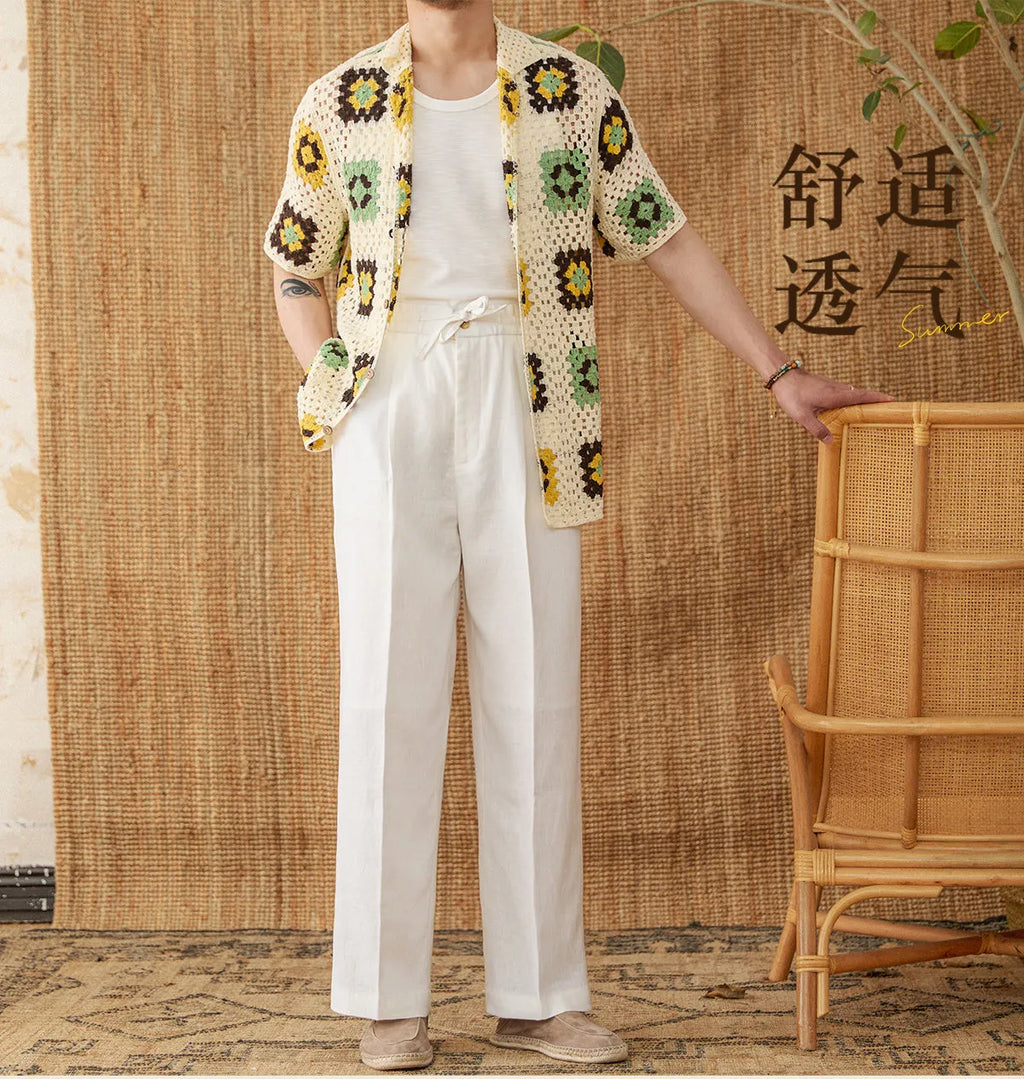 Women's linen casual trousers with elastic high waist and lace trim in navy blue, white, and greige colours