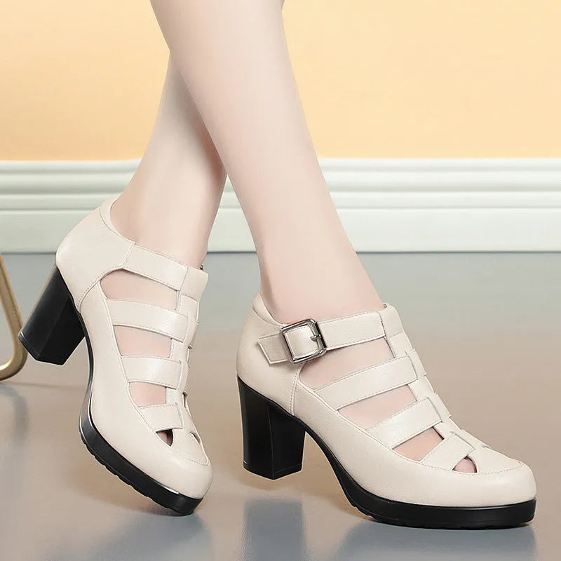 Women's beige closed toe sandals with woven design, ankle strap buckle, and chunky heel