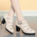 Women's beige closed toe sandals with woven design, ankle strap buckle, and chunky heel