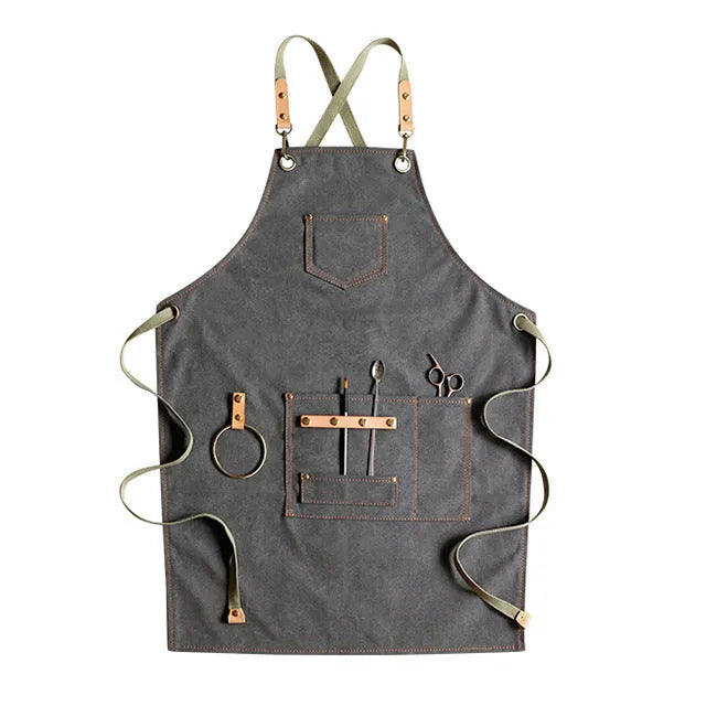 Canvas apron with cross-strap back design in camel colour for work protection