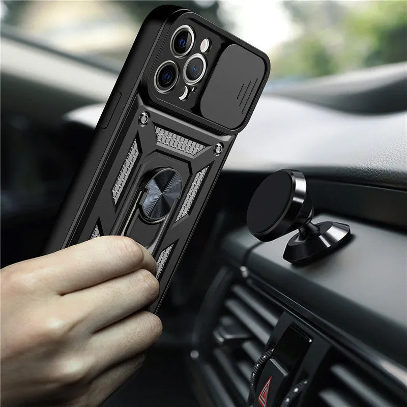 Sergeant sliding window magnetic bracket phone case for iPhone in blue, showing the back cover with sliding panel.