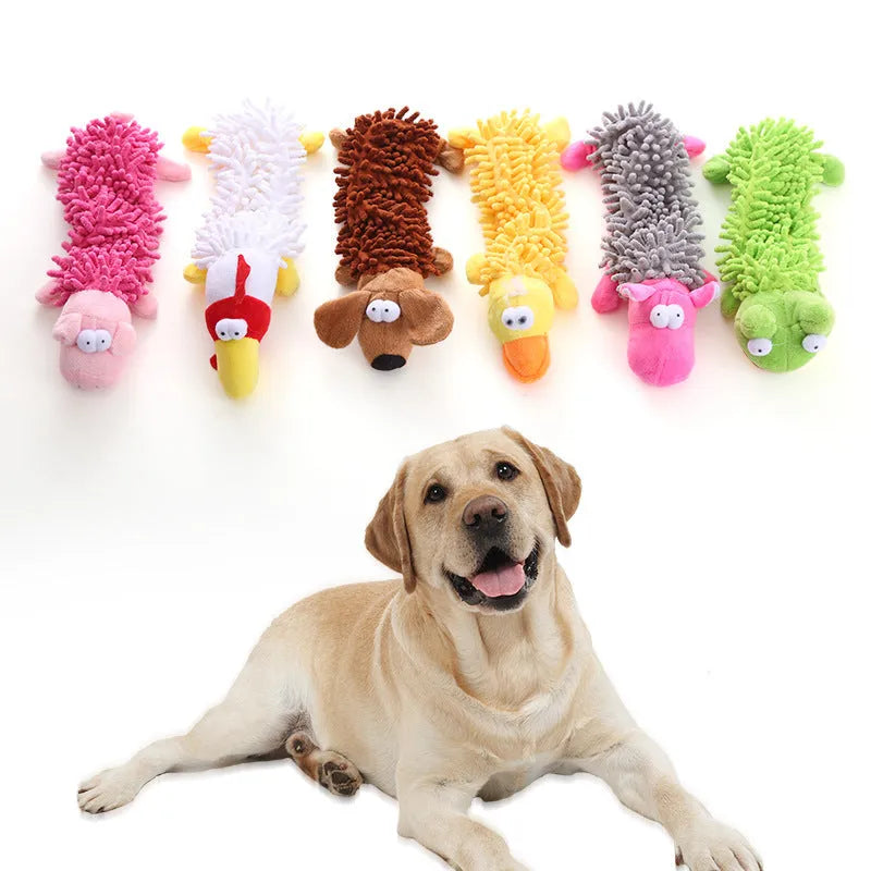 Plush microfiber dog chew toy in animal shape with visible horse molar texture for biting.