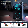 Compact wireless car tire inflator with LCD screen display and Type-C charging port shown with nozzle accessories