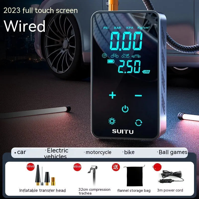 Compact wireless car tire inflator with LCD screen display and Type-C charging port shown with nozzle accessories