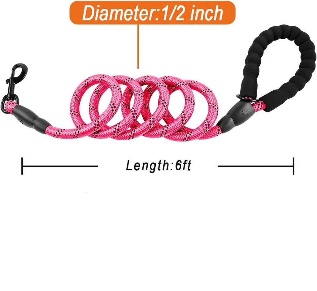 Pink 5 ft heavy duty dog leash with 1/2 inch nylon climbing rope, padded handle, reflective threads and metal clip hook