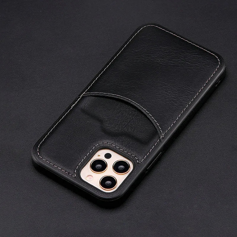 Dark blue PU leather protective case for iPhone, shown from the back.
