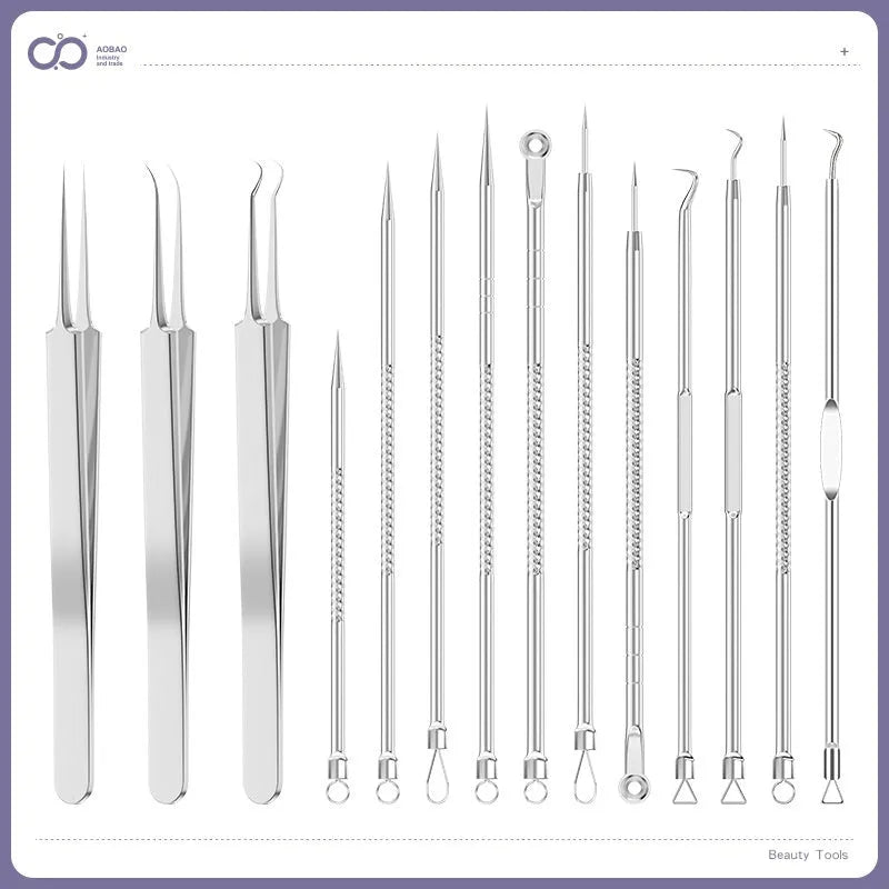 Four silver metal acne needles with fine pointed tips for blackhead removal.