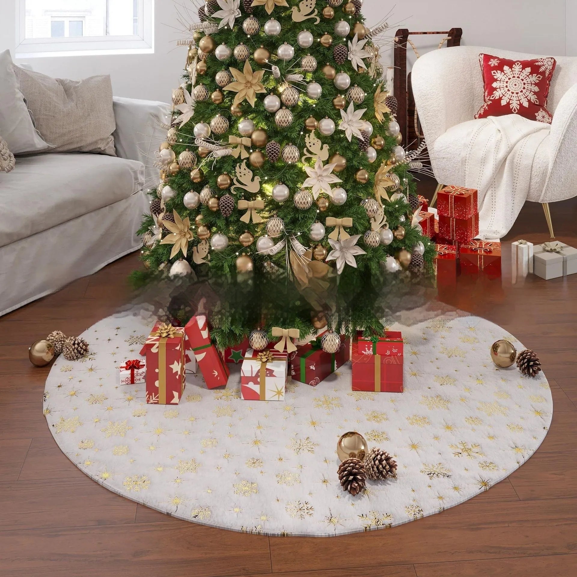 Plush Christmas tree rug with snowflake patterns in various size options