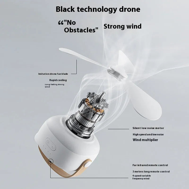 Small white rechargeable ceiling fan with remote control, mounted on a metal wire bracket.