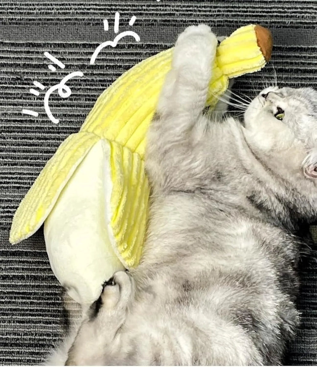 Yellow banana-shaped cat toy measuring 13 inches with plush fabric and crinkle paper sound feature