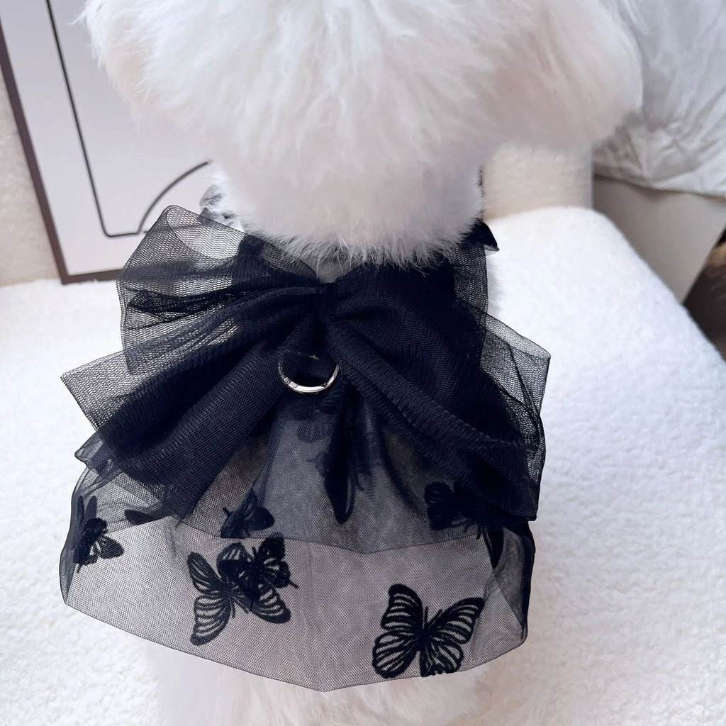 Black gauze princess tulle skirt for small dogs and cats on a mannequin showing the five available sizes
