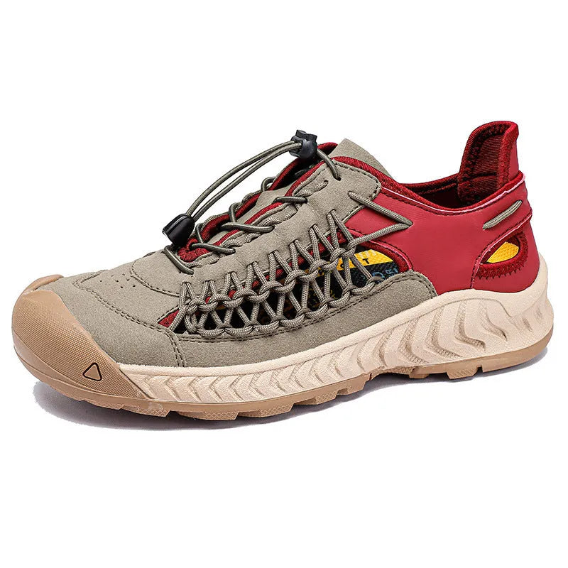 Men's hand-woven casual sandals with a closed toe design in light grey, showing the rubber sole and elastic band.