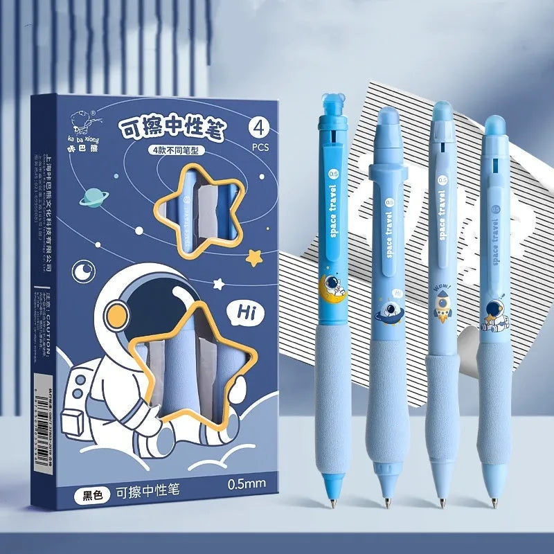Erasable gel pen with 0.5mm tip, press mechanism and cartoon character designs