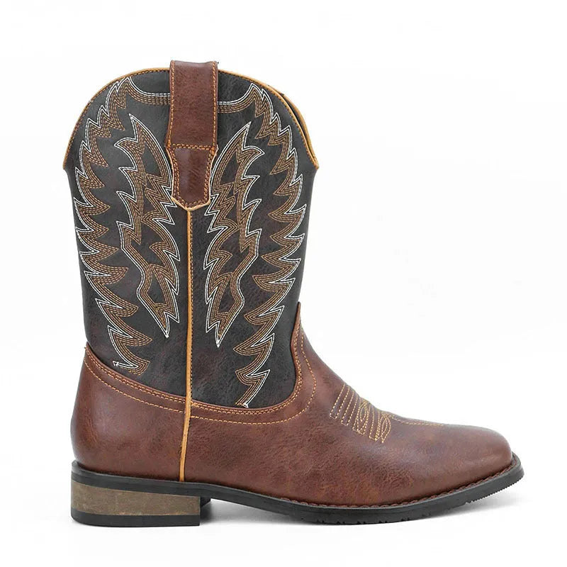 Men's black denim-look artificial leather western boots with square toe and low wedge heel.