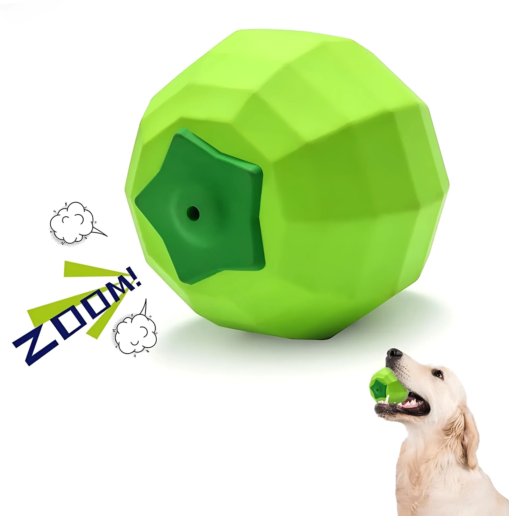 Green natural rubber dog squeaky toy ball for aggressive chewers, 90mm diameter