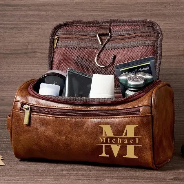 Men's black PU leather travel toiletry bag with 7 slots for grooming kit organisation