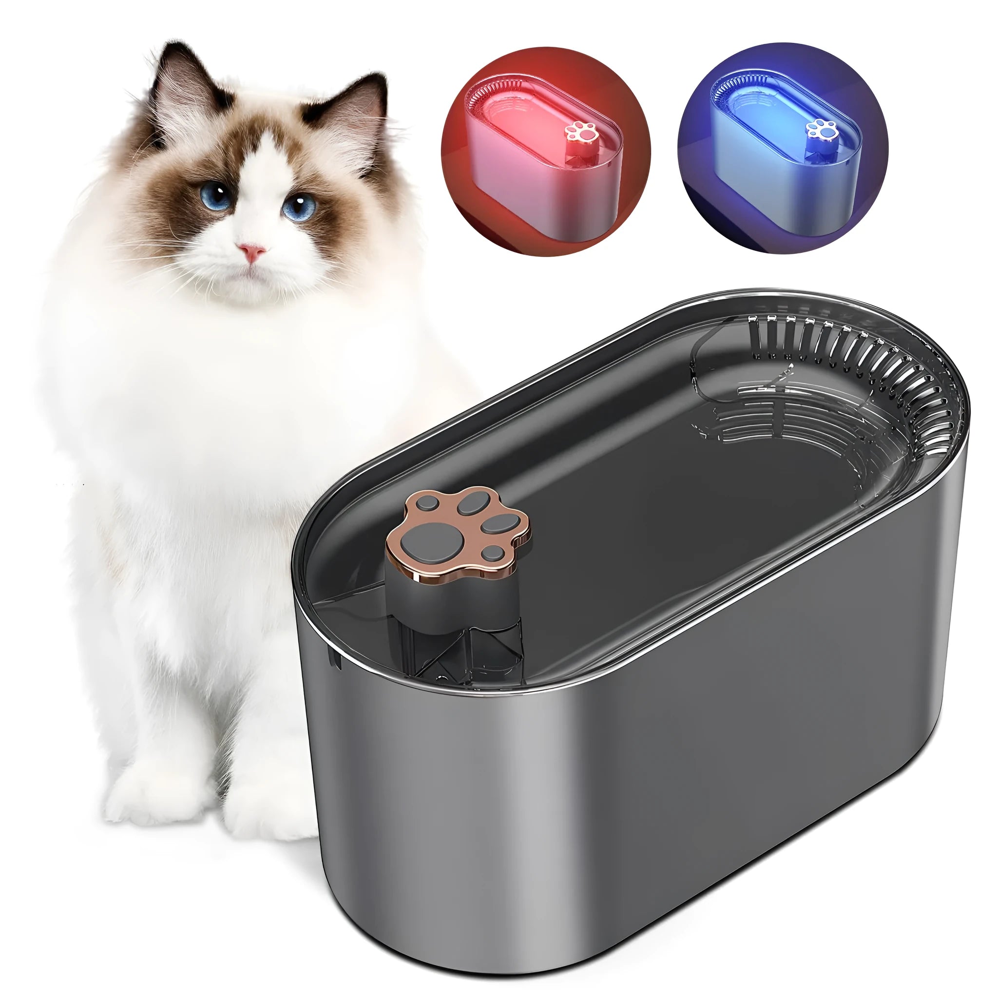 Berlin blue automatic pet water fountain with 3L capacity and LED light display on base
