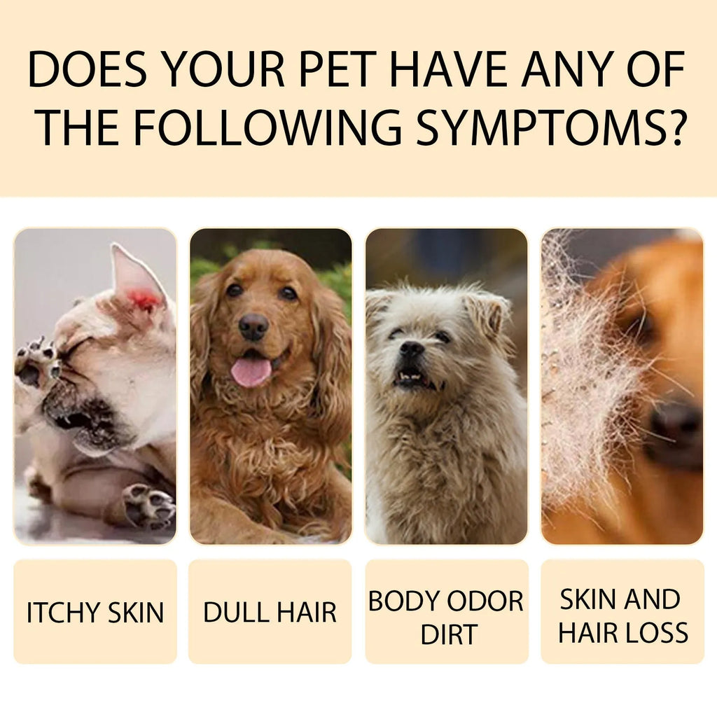 Bottle of mild pet shampoo for cats and dogs, available in 100ml and 300ml sizes.
