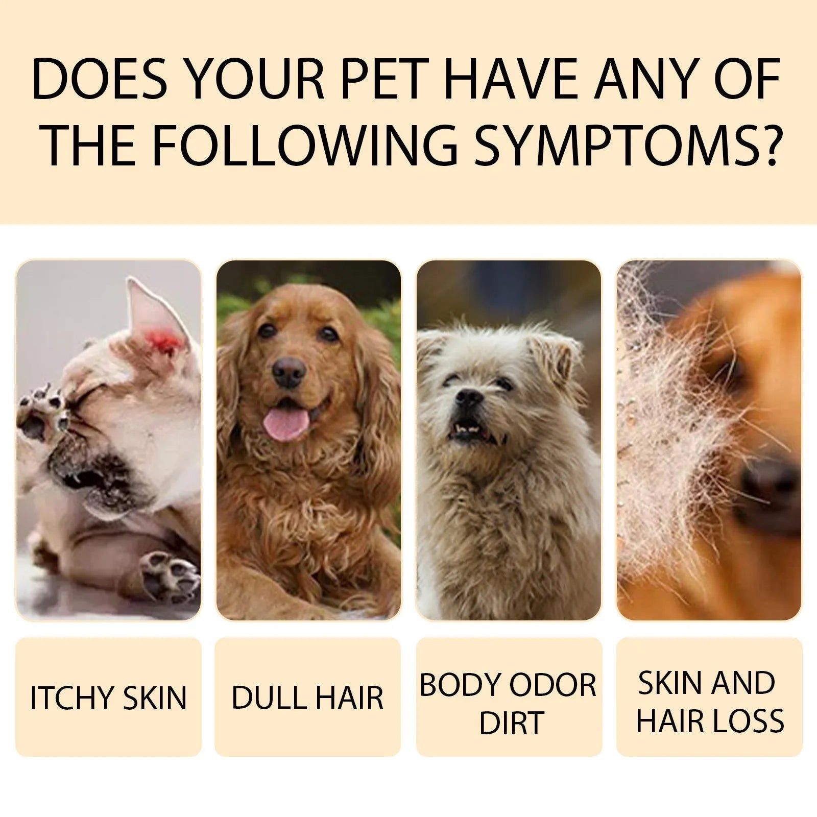 Bottle of mild pet shampoo for cats and dogs, available in 100ml and 300ml sizes.