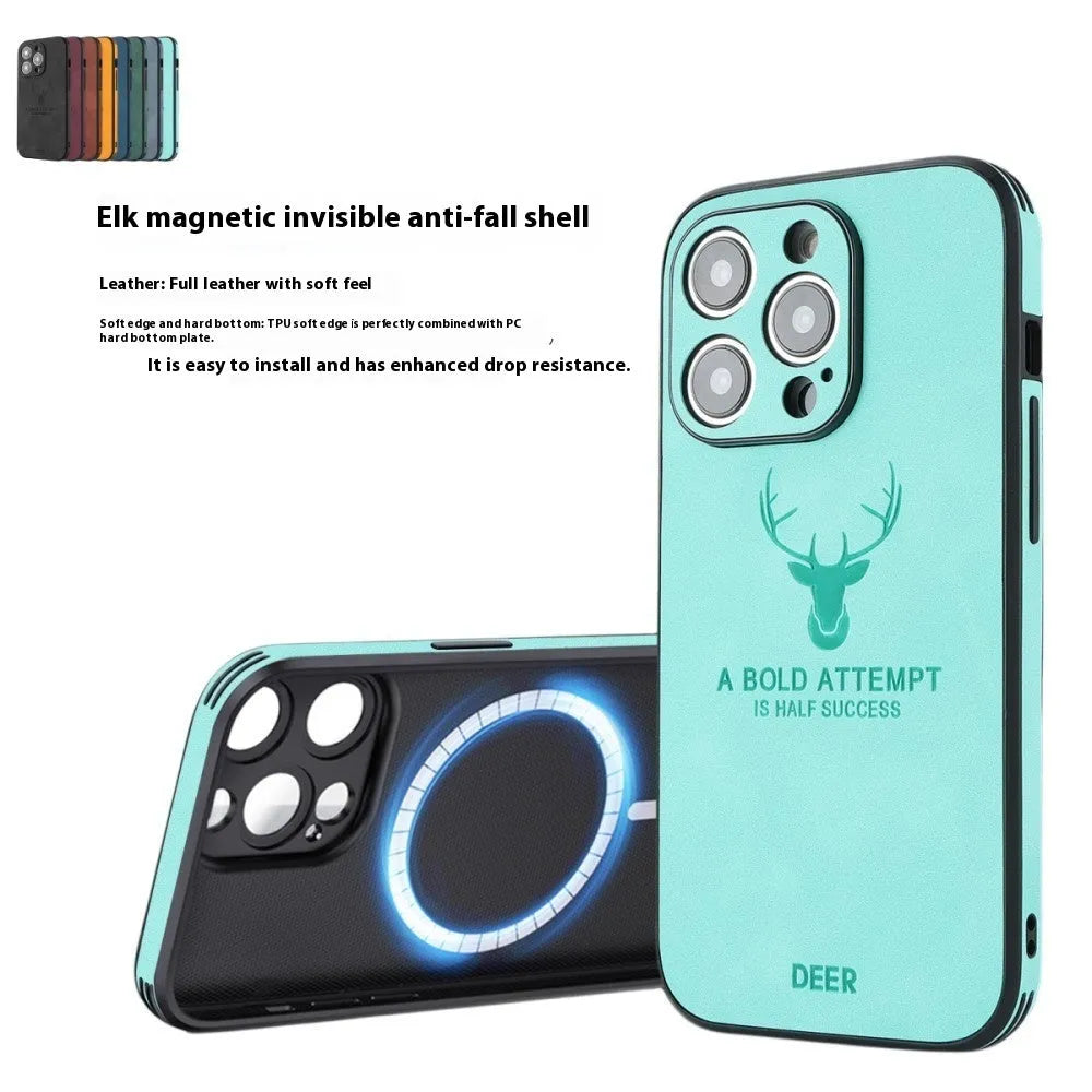iPhone 16 magnetic charging case with embossed moose head design in imitation leather, showing colour options