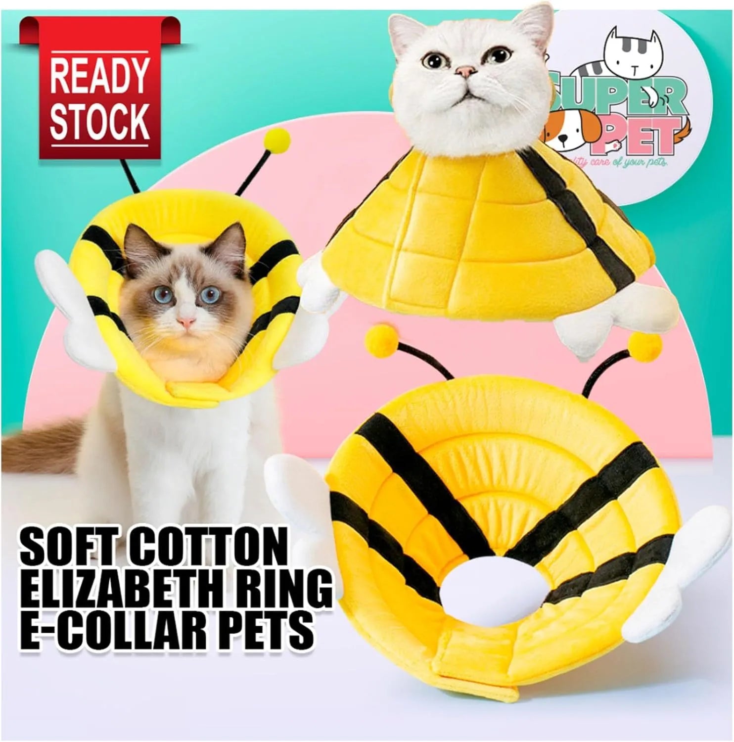 Soft white cat cone collar with black bee design and adjustable Velcro closure.