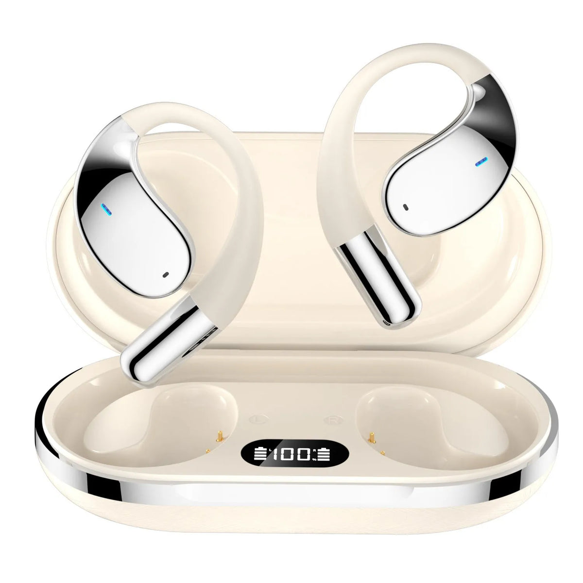 Black hanging-ear sports Bluetooth earphones with digital display.