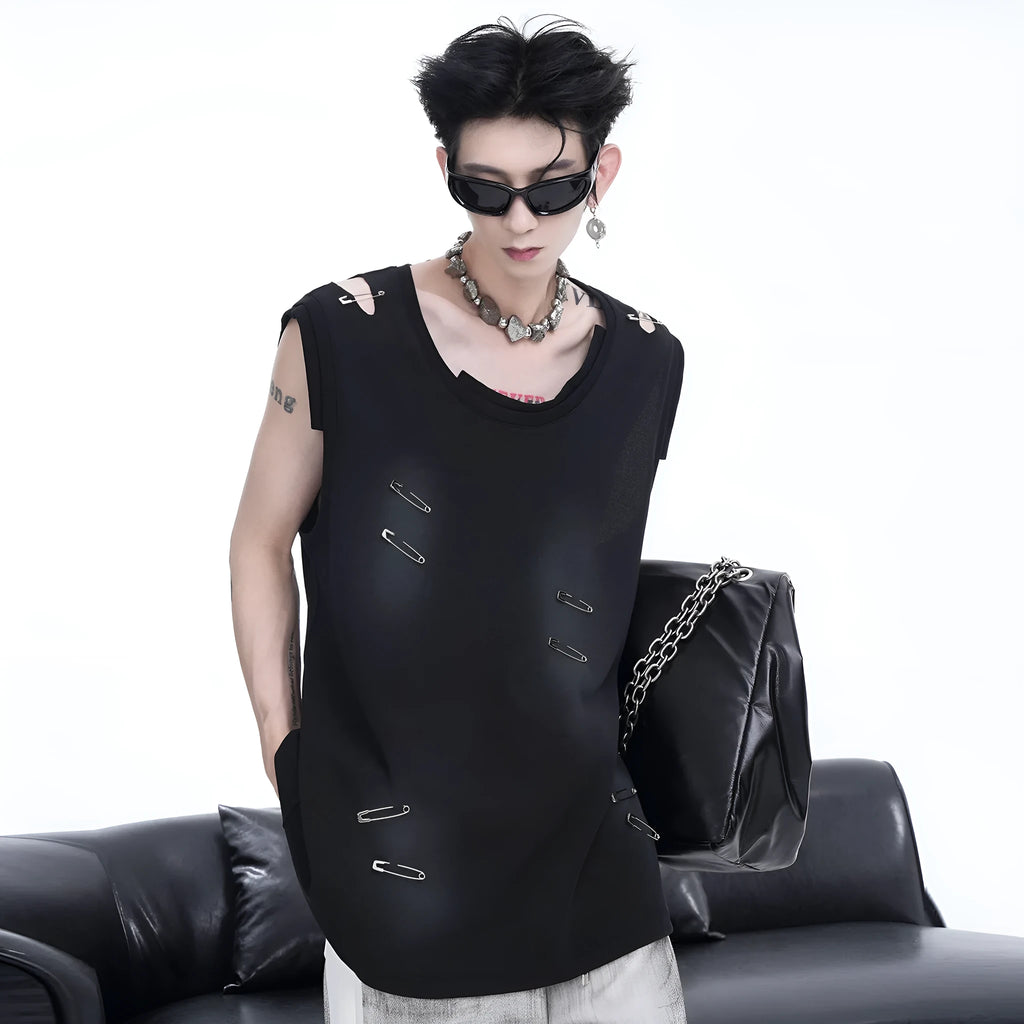 Men's black sleeveless vest waistcoat with ripped irregular cutting design on mannequin