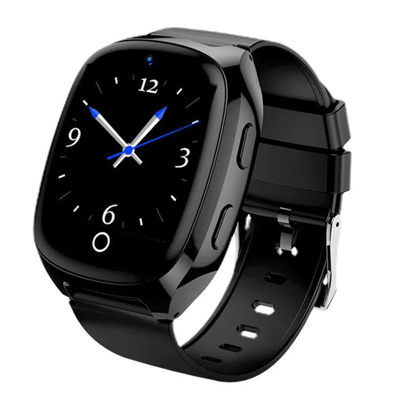 Black GPS tracker smartwatch for children with a touch screen showing a video call interface.