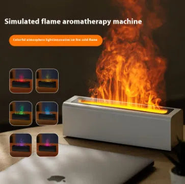 Black square USB aroma diffuser humidifier with colour-changing flame LED light and water tank on a wooden table.