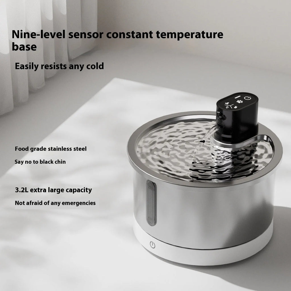 White stainless steel cat water fountain with nine-gear constant temperature heating base for dogs and cats