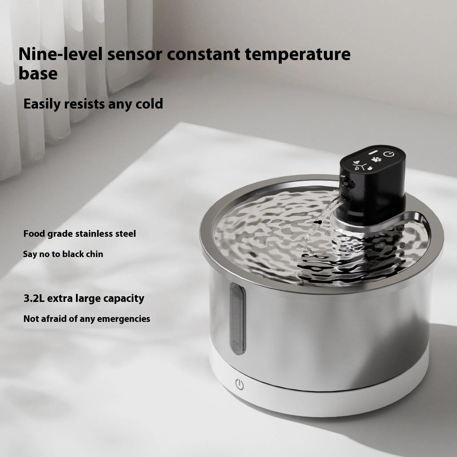 White stainless steel cat water fountain with nine-gear constant temperature heating base for dogs and cats