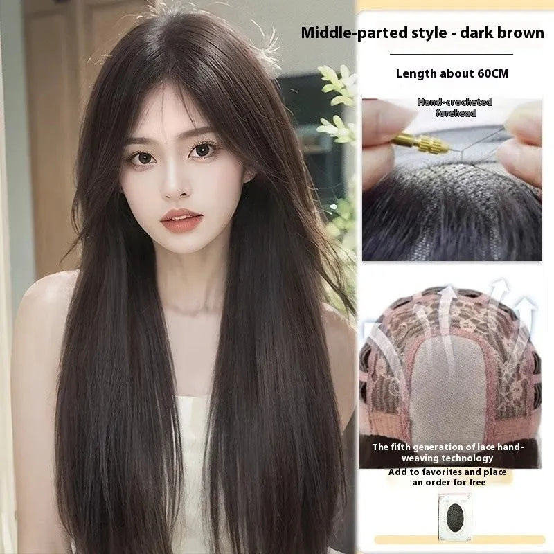 Long straight synthetic wig with side bangs and forehead lace front in dark brown colour.
