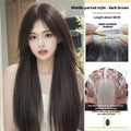 Long straight synthetic wig with side bangs and forehead lace front in dark brown colour.