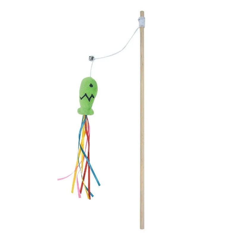 Cat wand toy with wooden handle, elastic rope, catnip fish, colourful ribbons and small bell