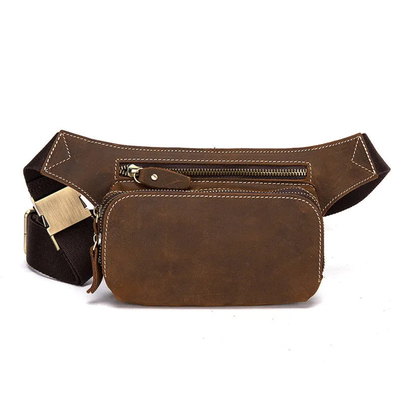 Brown cowhide leather men's sports waist bag with a zip closure.
