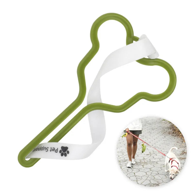 A dog poop bag holder with a Velcro strap, shown attached to a pet leash.
