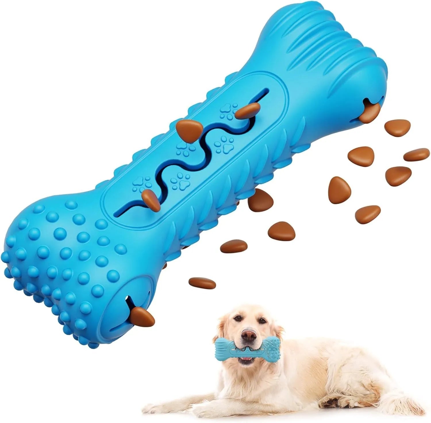 Blue bone-shaped natural rubber dog chew toy with textured surface for teeth cleaning.