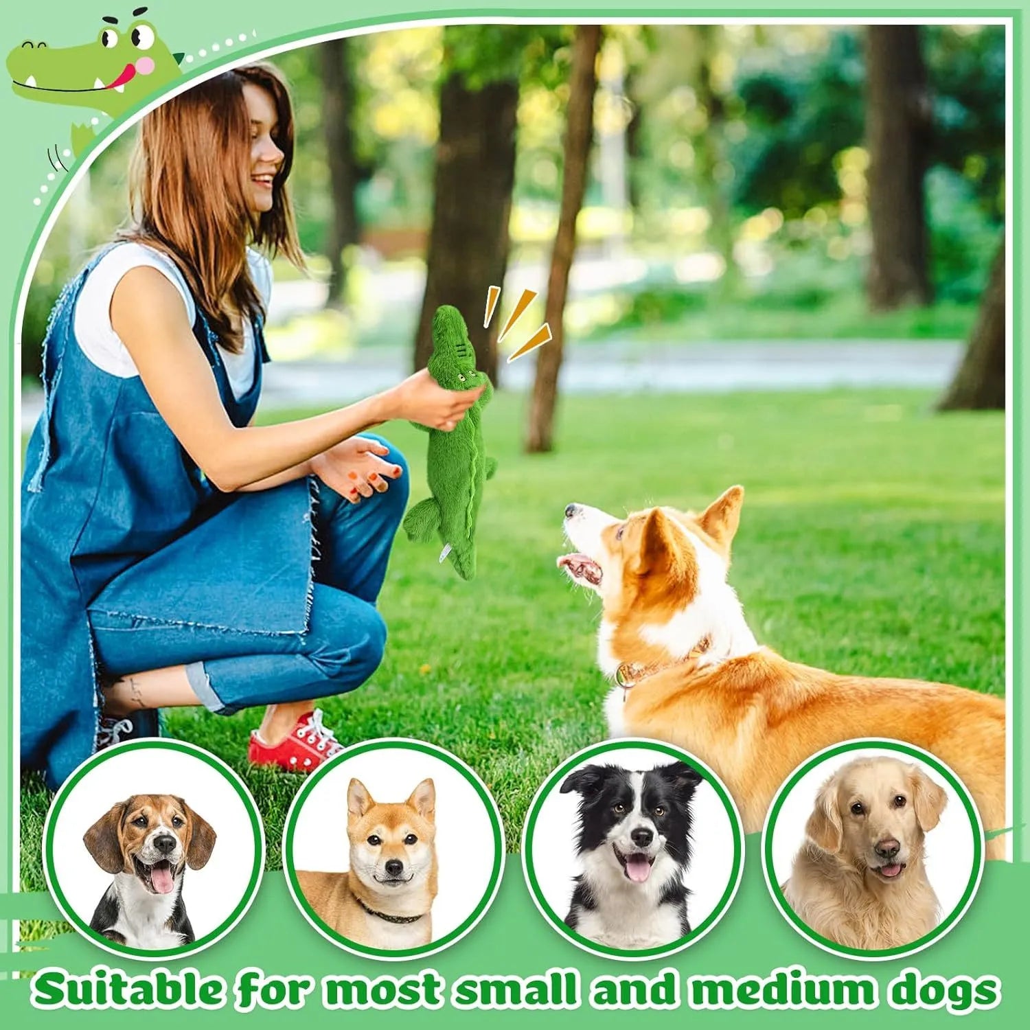 Green crocodile-shaped plush dog toy with no stuffing, squeaker in head, and crinkle paper tail