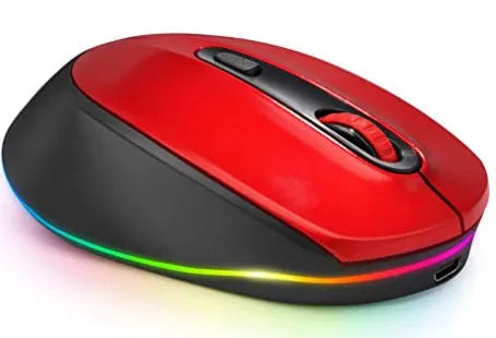 Lightweight rechargeable wireless mouse in multiple colours, shown next to its USB charging cable.