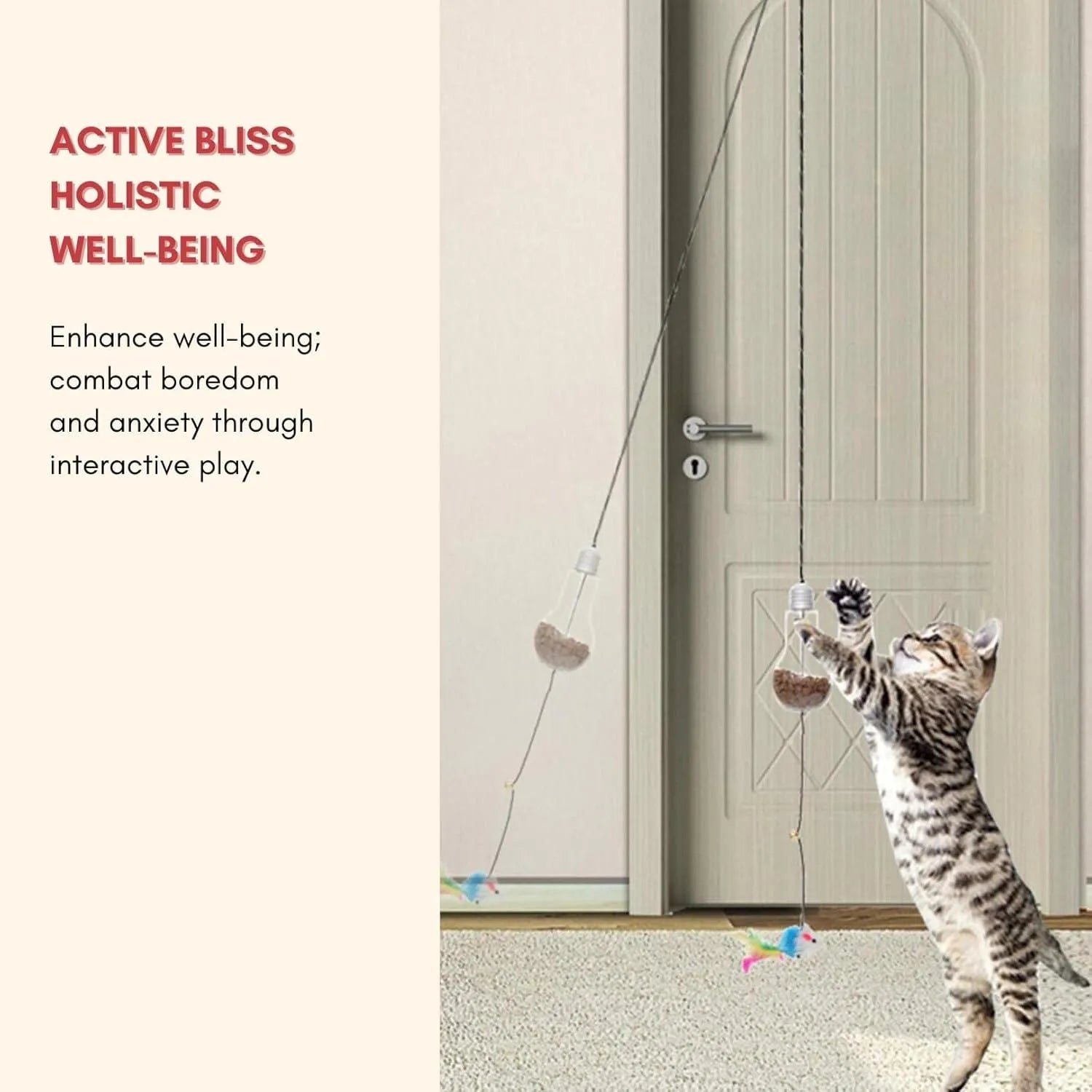 Interactive hanging cat toy with swinging mouse and chicken attachments, treat bulb, and retractable elastic rope