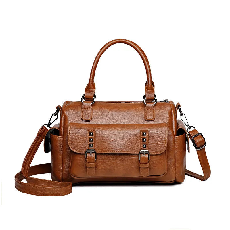 Large capacity vintage PU leather messenger bag with contrast stitching in horizontal square shape
