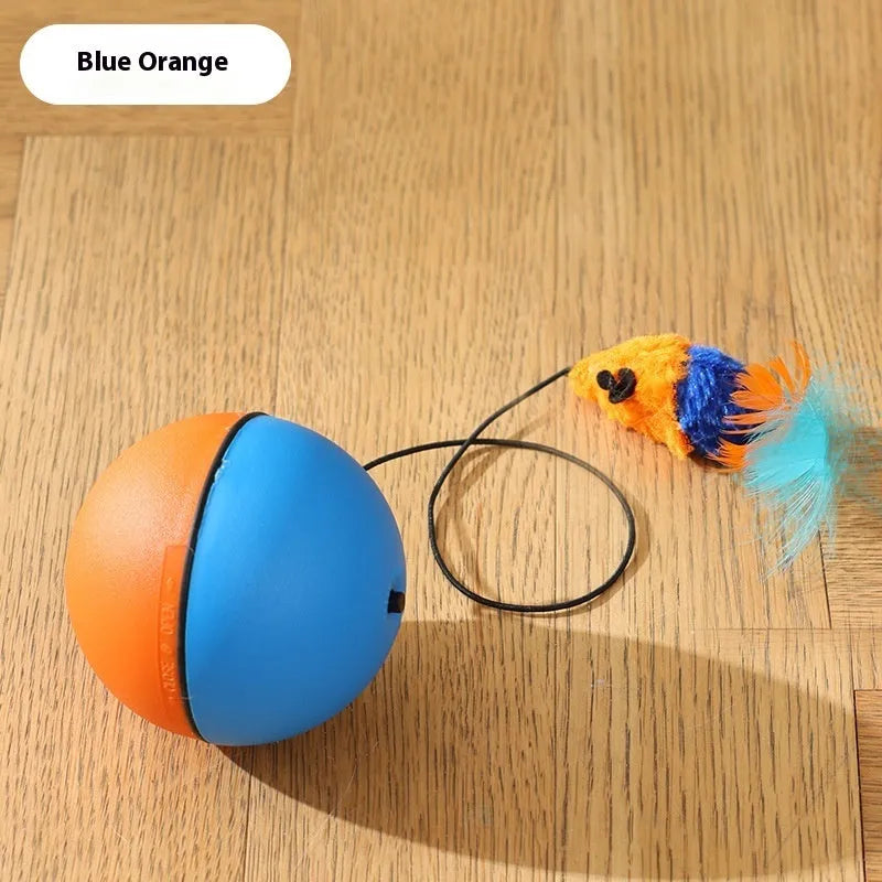 Automatic cat teasing ball toy with plush mouse attachment in blue orange colour