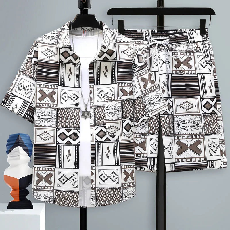 Men's casual two-piece set with short sleeve top and matching shorts in polyester fabric