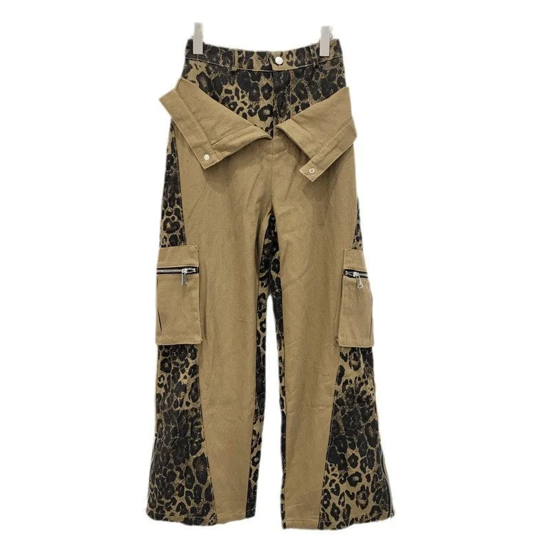 Dark khaki leopard print high waist straight leg denim trousers with contrast stitching detail.