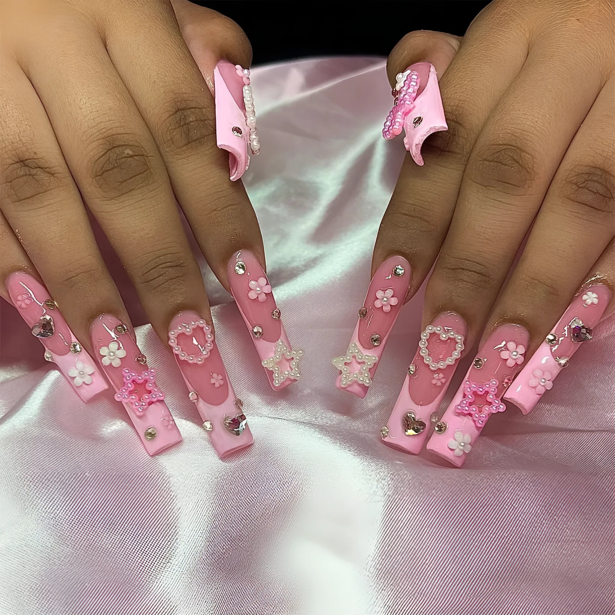 Super long water pipe French style nail decoration with drill bow and red love pattern on plastic armour suit.