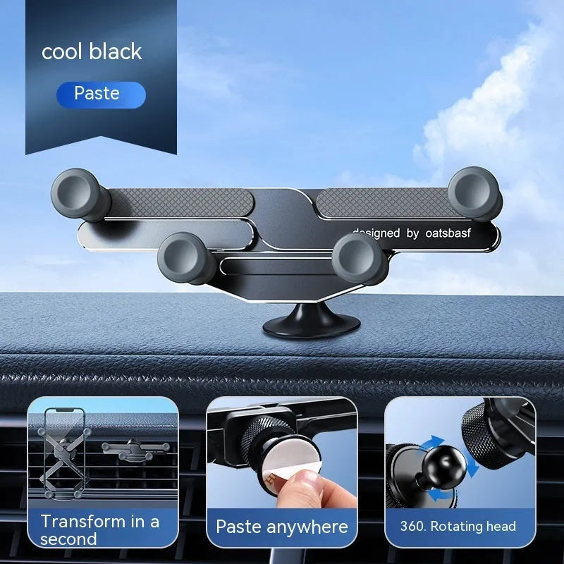 Car mobile phone holder with invisible alloy bracket for air vent or adhesive mounting in black, silver, or grey