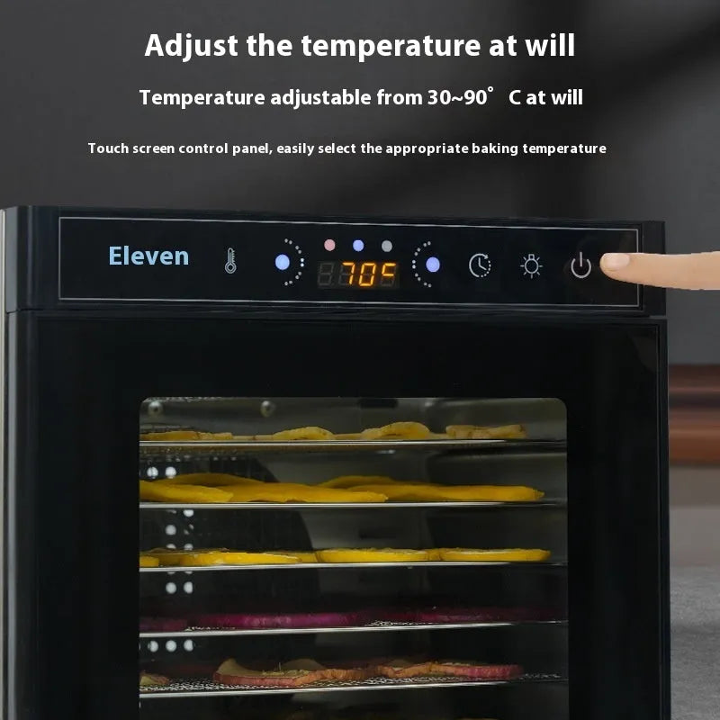 Stainless steel fruit dehydrator with multiple drying trays and LED control panel